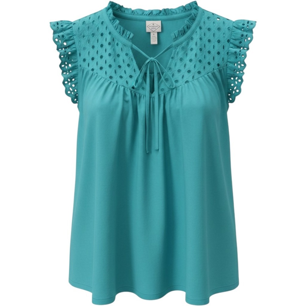 St‎ Johns Bay Teal Blue Eyelet Ruffle Tie Neck Cotton Blouse Medium